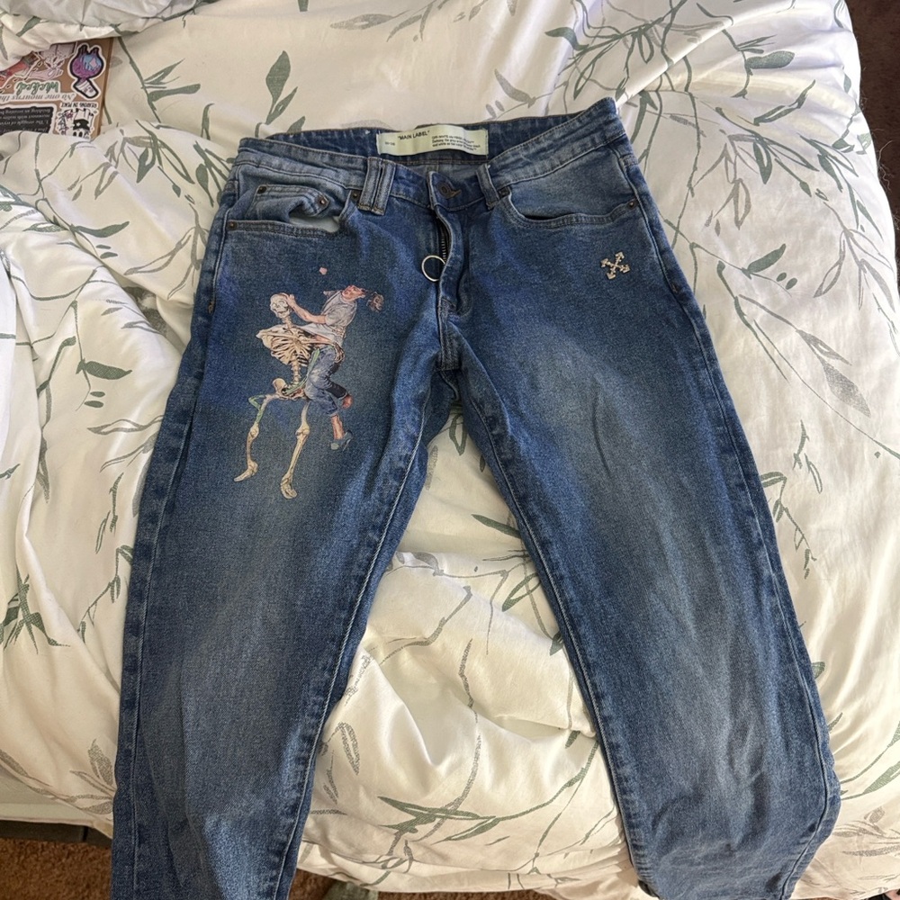 Off-White Blue Straight Leg Jeans with Skeleton Print